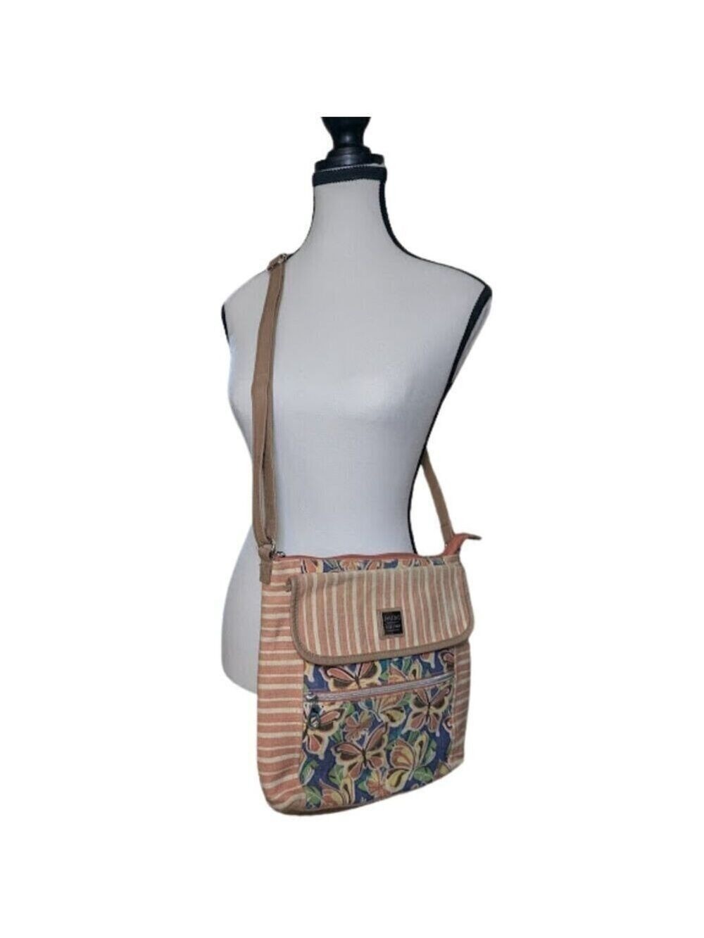 Boho Floral Butterfly Print & Stripe Crossbody Bag – Multicolor Canvas Purse